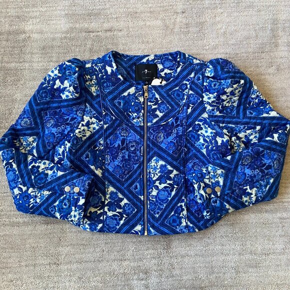 7 For All Mankind Blue Toile Quilted Floral Jacket NWT - Picture 2 of 10